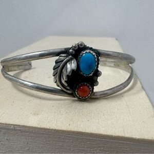 Vintage Navajo Sterling Turquoise And Coral Cuff Bracelet